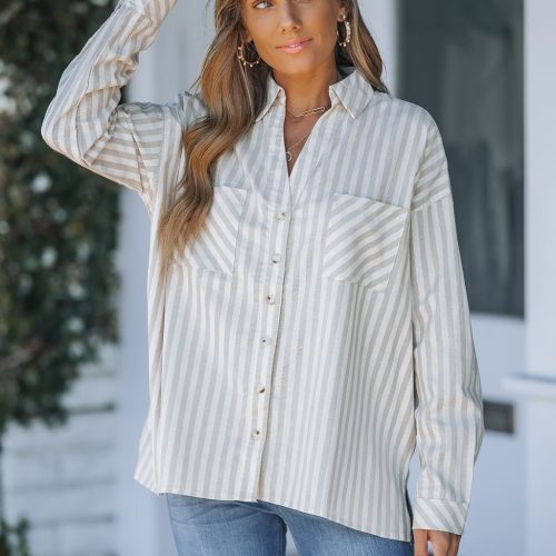 grey and white striped button down shirt 373673