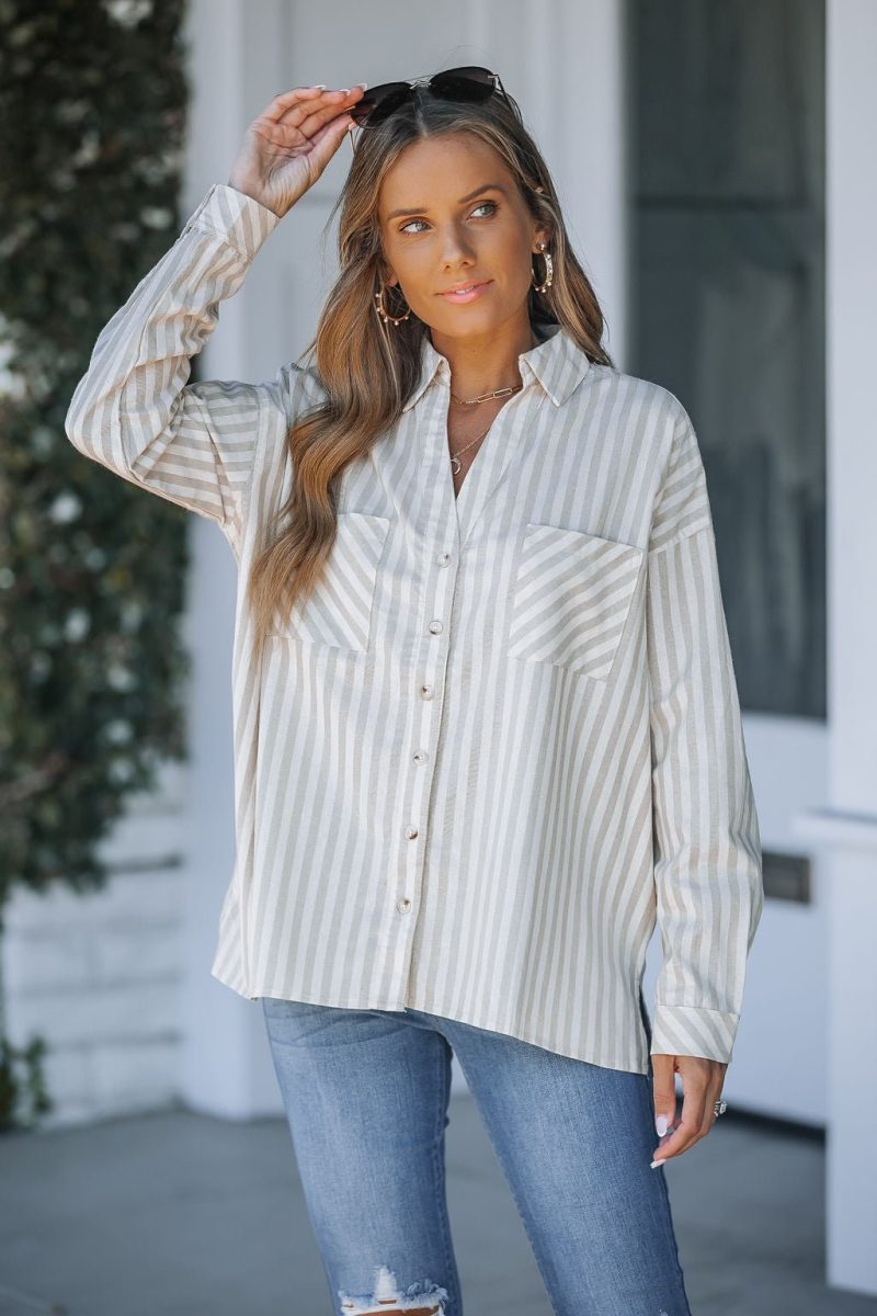 grey and white striped button down shirt 373673