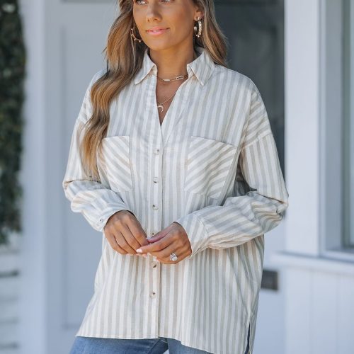 grey and white striped button down shirt 521716