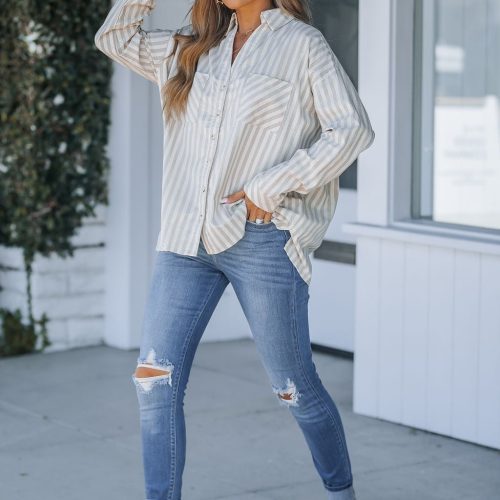 grey and white striped button down shirt 971310