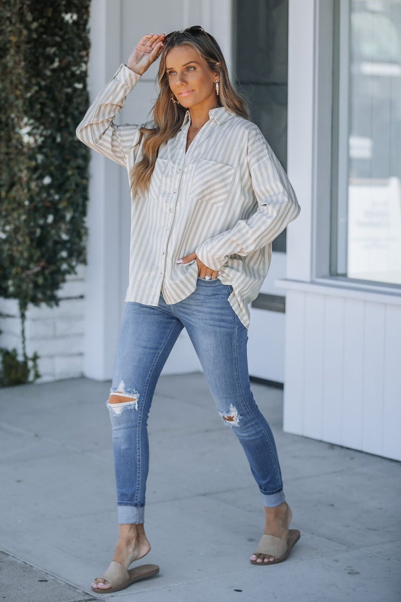 grey and white striped button down shirt 971310