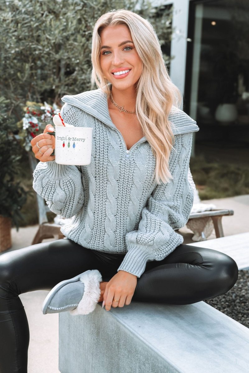 grey cable knit zip up sweater 957355