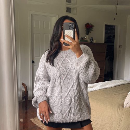 heather grey confetti cable knit sweater1