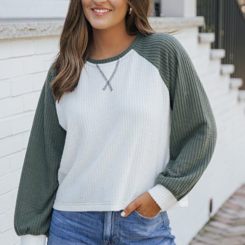 hunter green color block thermal top 190347