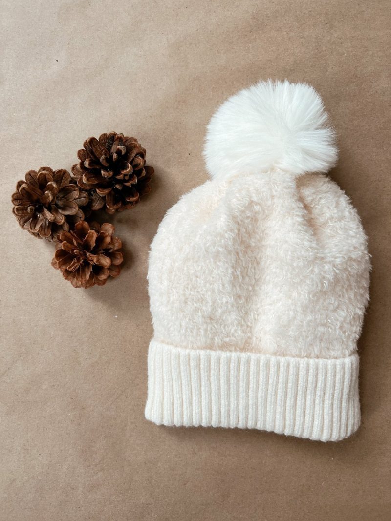 ivory faux fur teddy pom beanie 260599