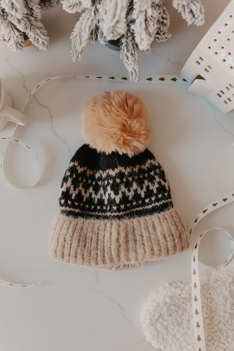 khaki nordic print pom beanie 754848