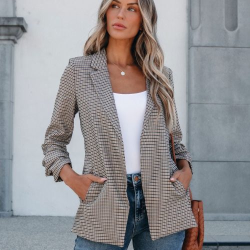 khaki plaid ruched open front blazer pre order 122176