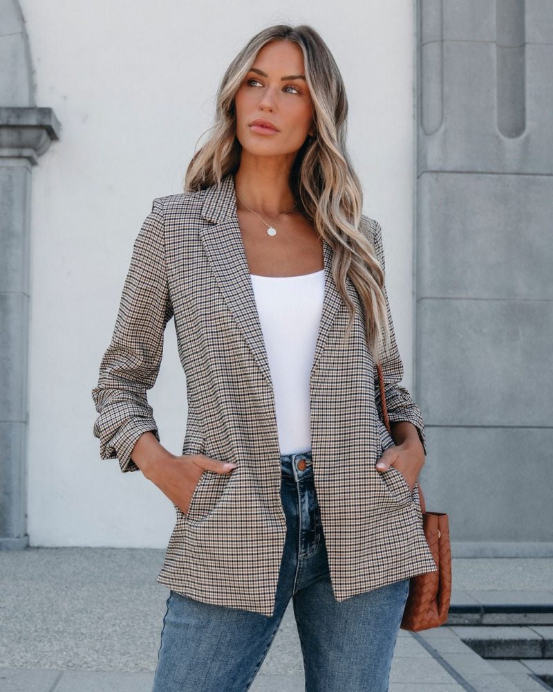 khaki plaid ruched open front blazer pre order 122176