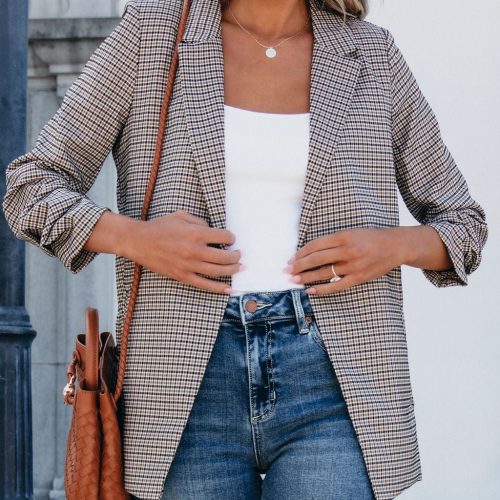 khaki plaid ruched open front blazer pre order 542417