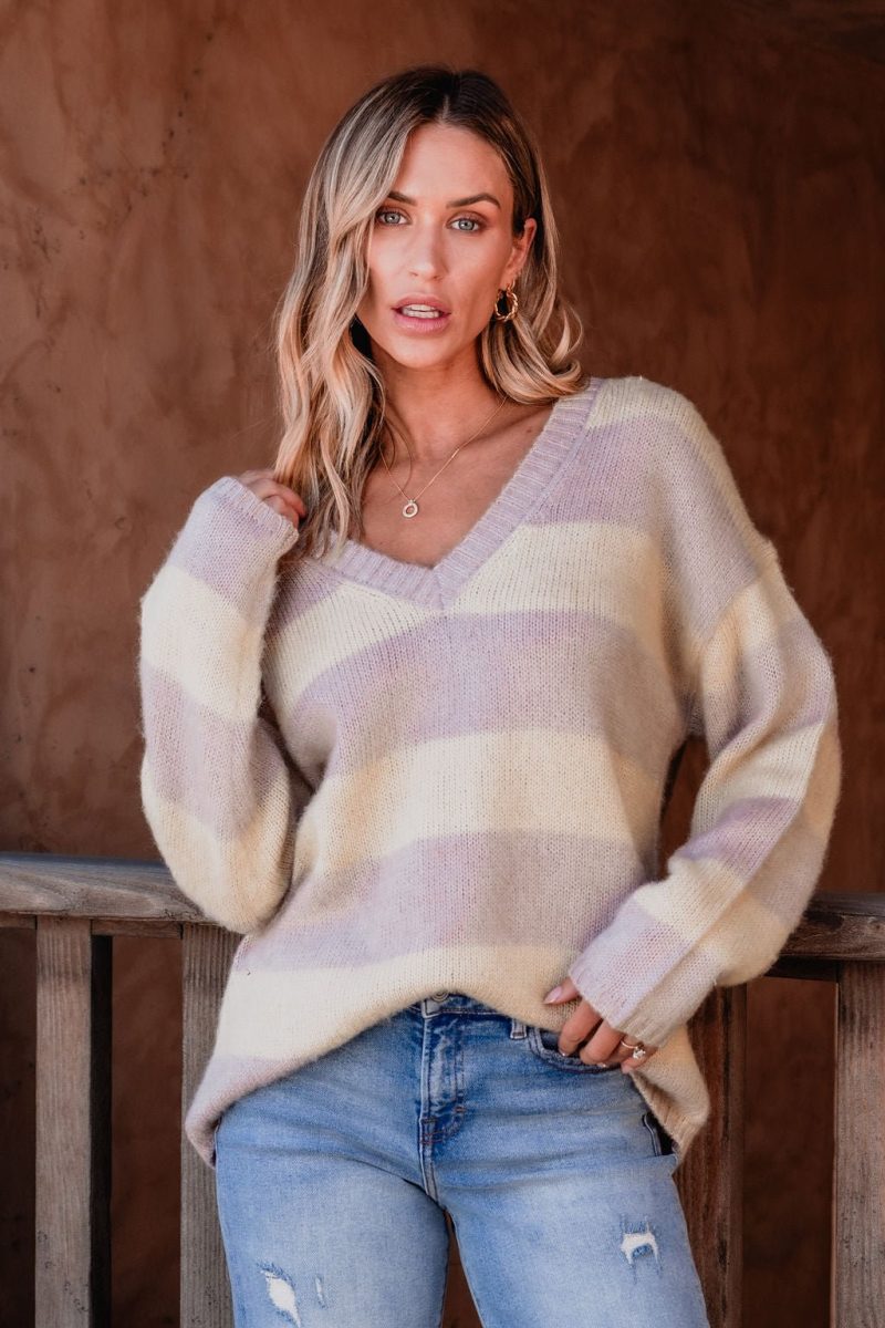 lavender striped v neck sweater 268511