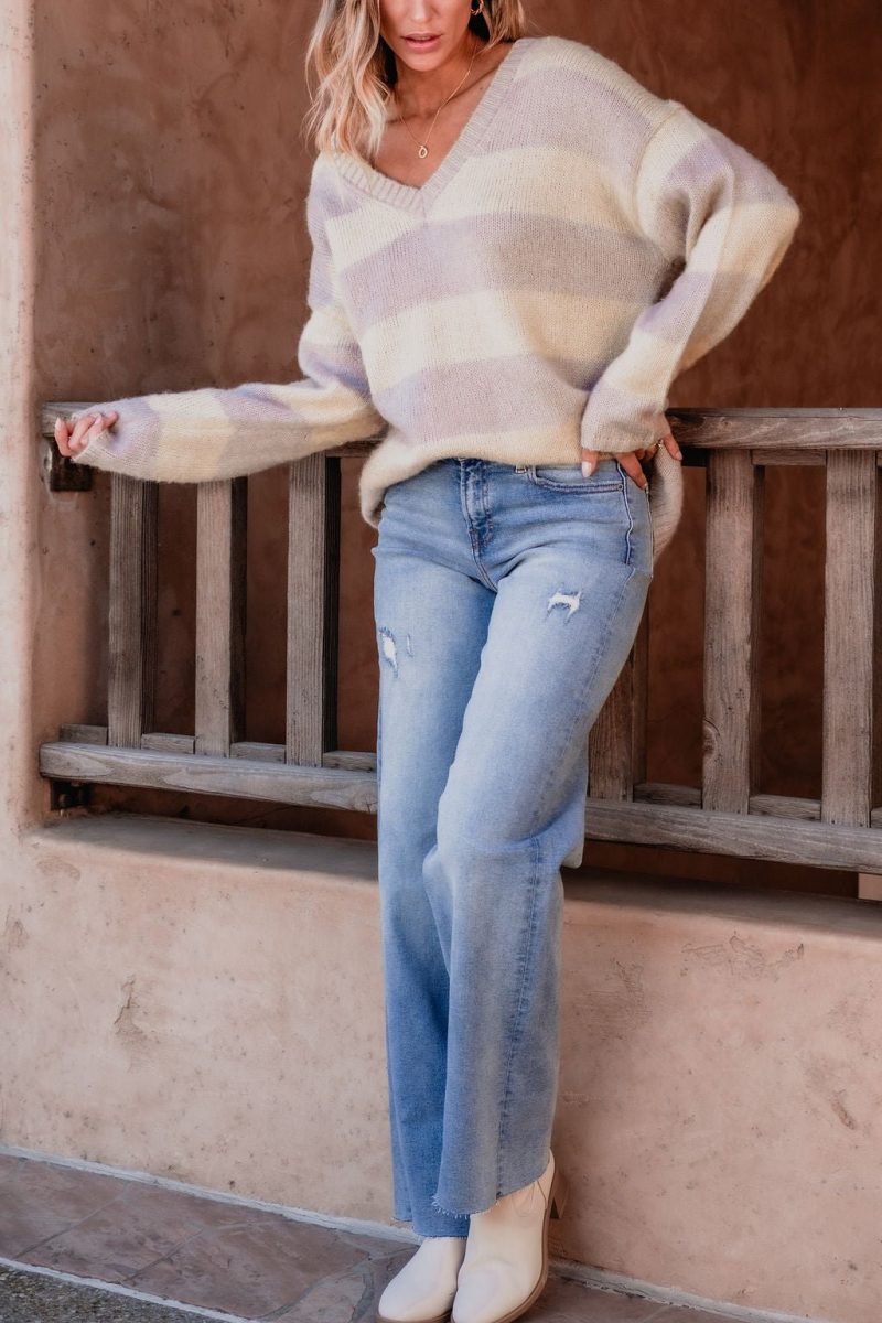 lavender striped v neck sweater 749768