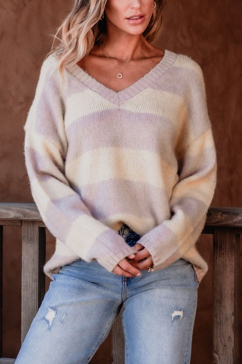 lavender striped v neck sweater 962843