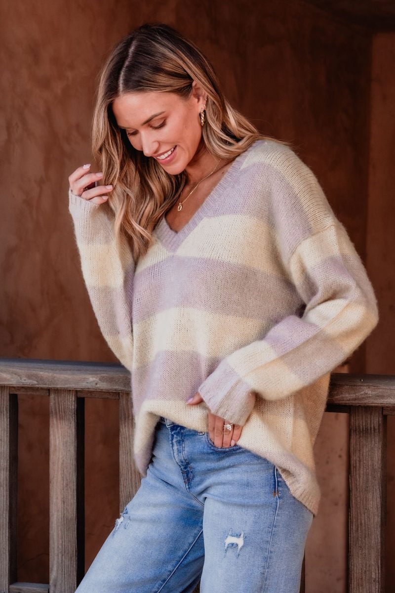 lavender striped v neck sweater 977963