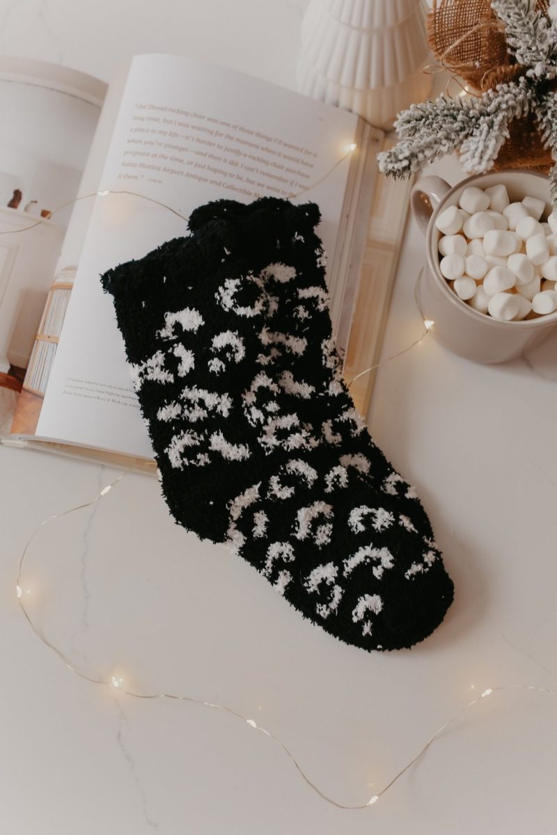 leopard print fuzzy crew socks black 478517