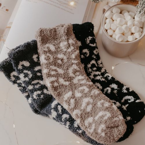 leopard print fuzzy crew socks black 903323