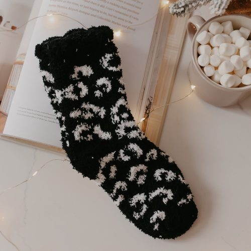 leopard print fuzzy crew socks black 989625