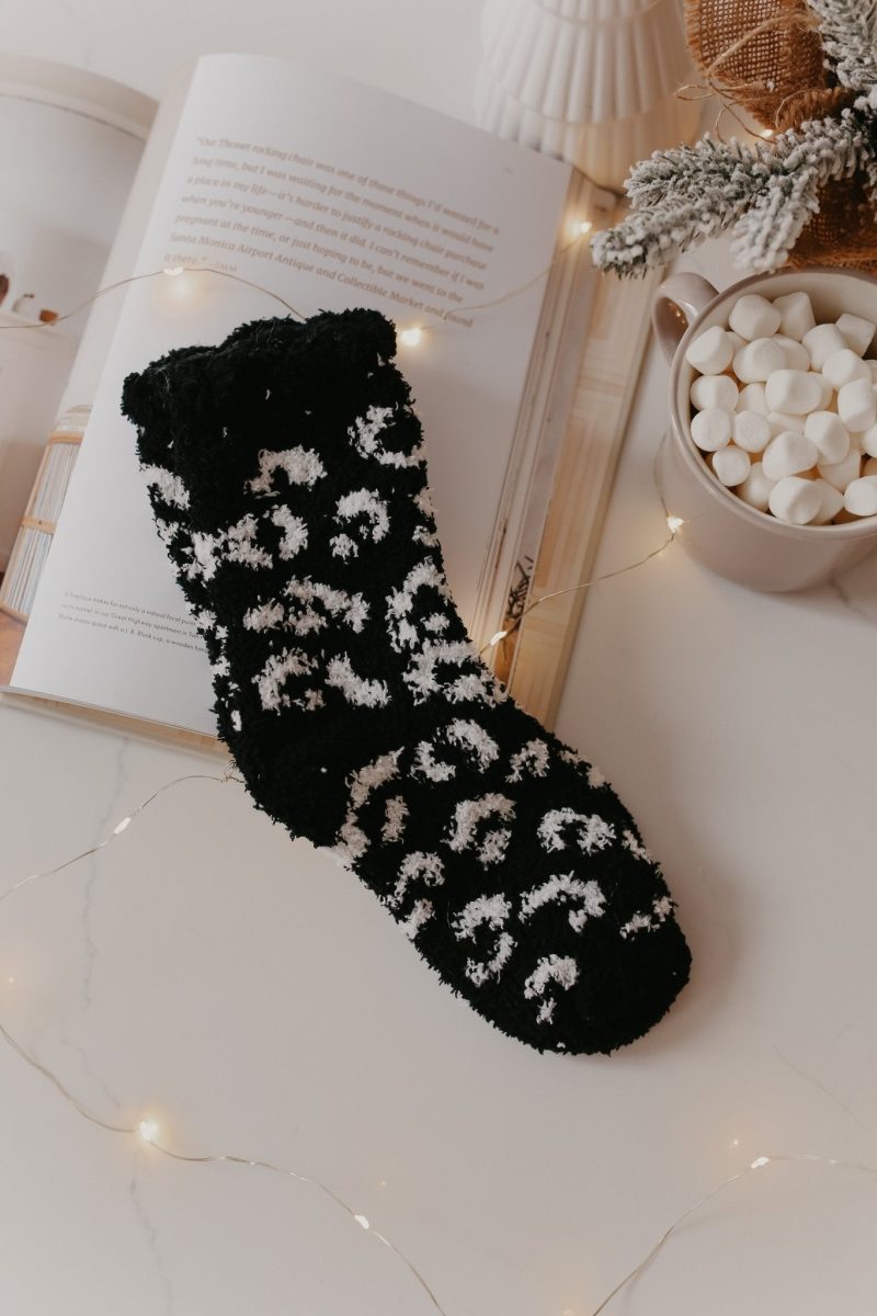 leopard print fuzzy crew socks black 989625