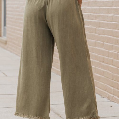 light olive frayed linen wide leg pants 551955