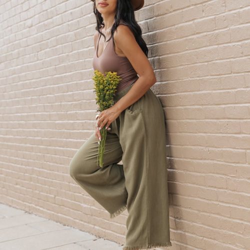 light olive frayed linen wide leg pants 820632