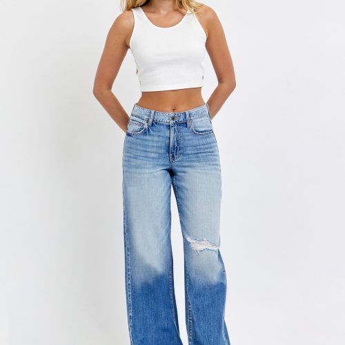 medium light wash destroyed wide leg jeans 349631