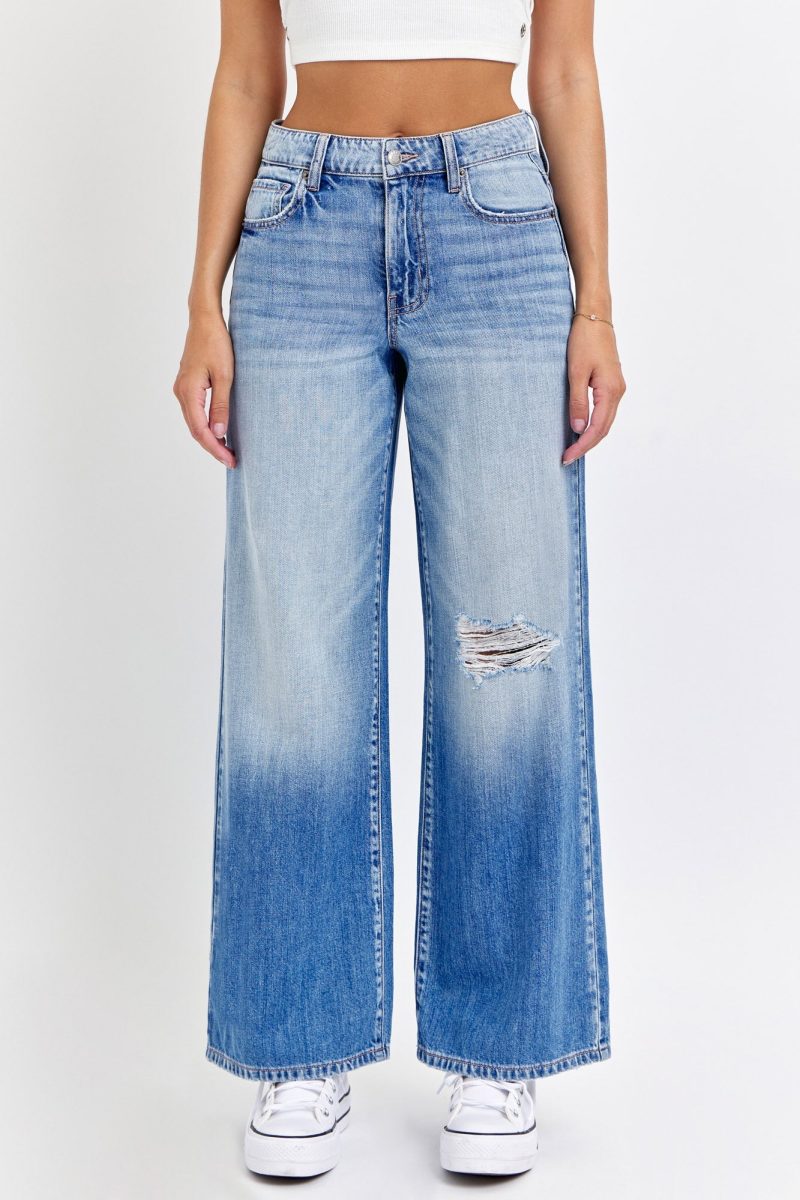 medium light wash destroyed wide leg jeans 569346