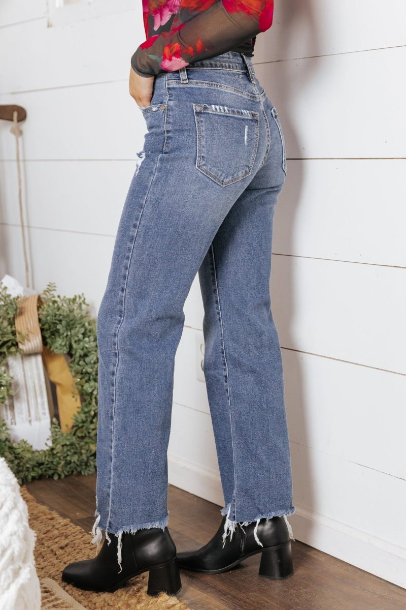 medium wash high rise distressed jeans 155718