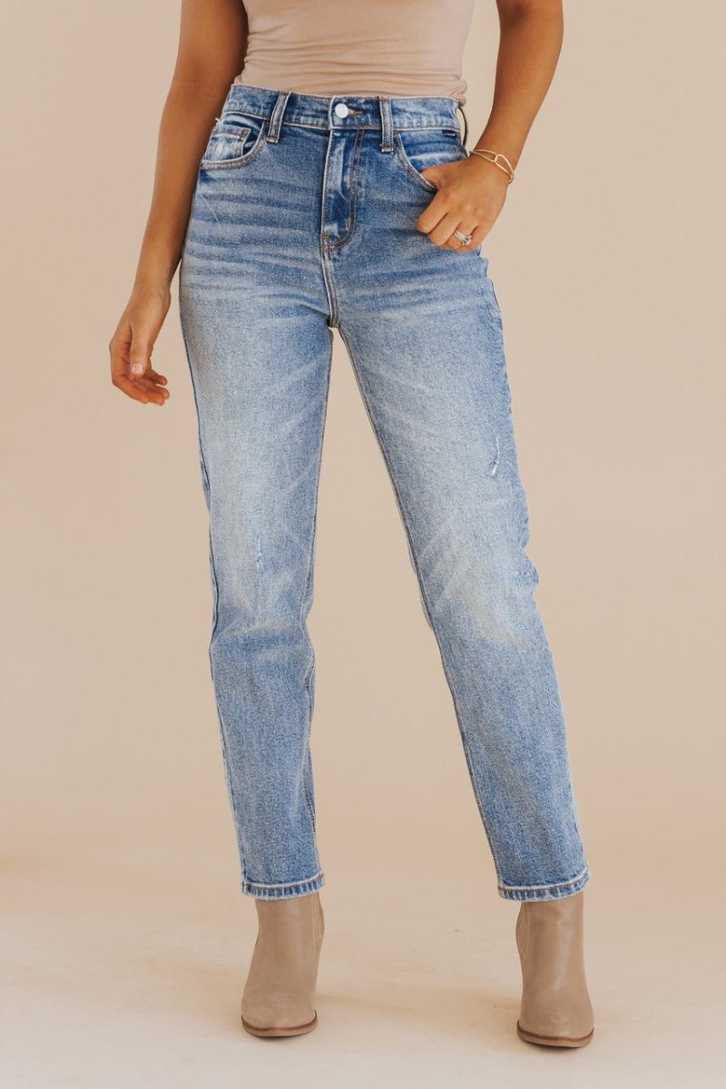 medium wash high rise straight denim jeans 399568