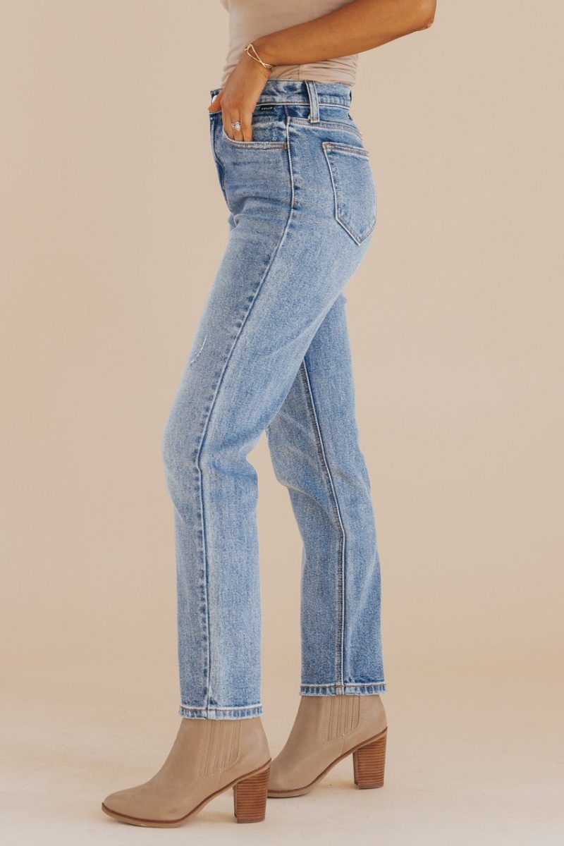 medium wash high rise straight denim jeans 594980