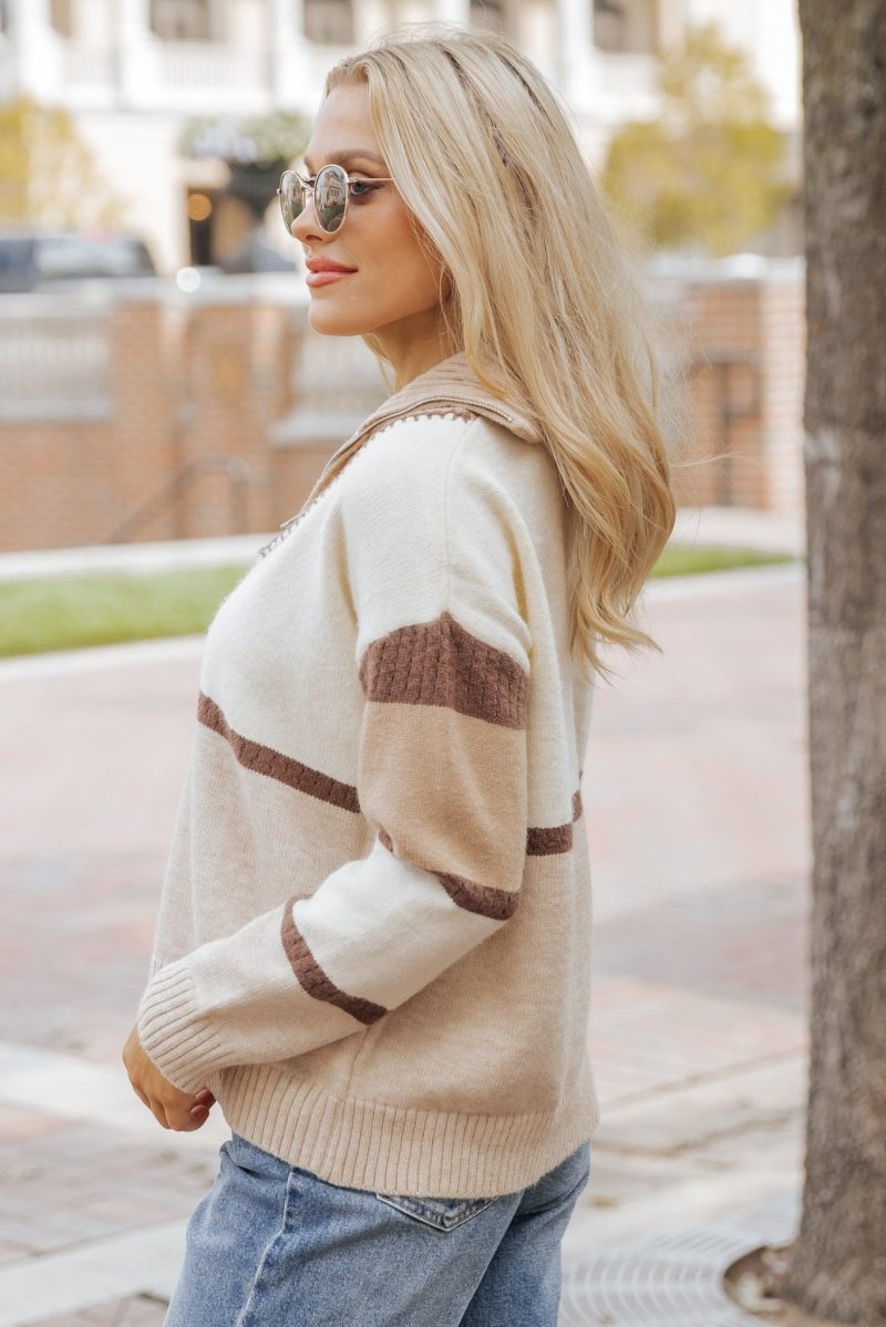 mocha color block zip up sweater 468833