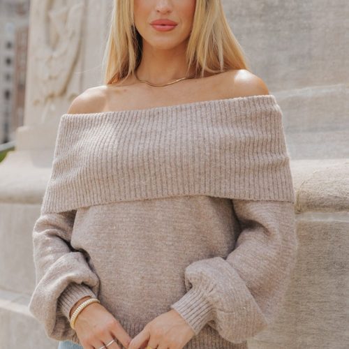 mocha off the shoulder ribbed sweater 115782