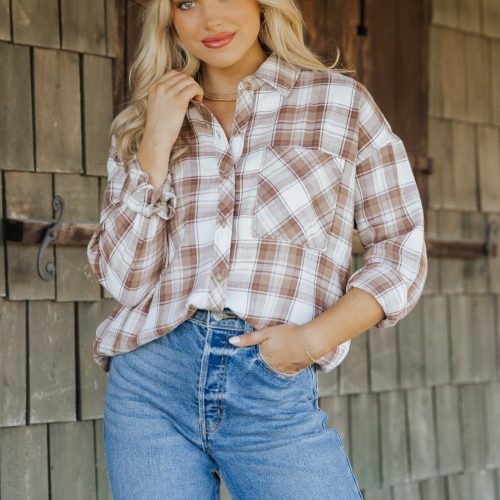 mocha plaid flannel button down shirt 500302