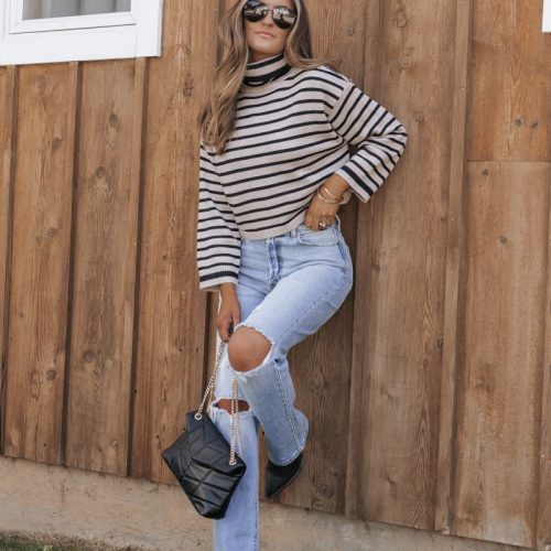 mocha striped long sleeve turtleneck sweater 373782