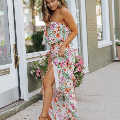 multi floral strapless slit maxi dress 519839