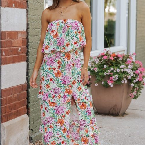 multi floral strapless slit maxi dress 842190