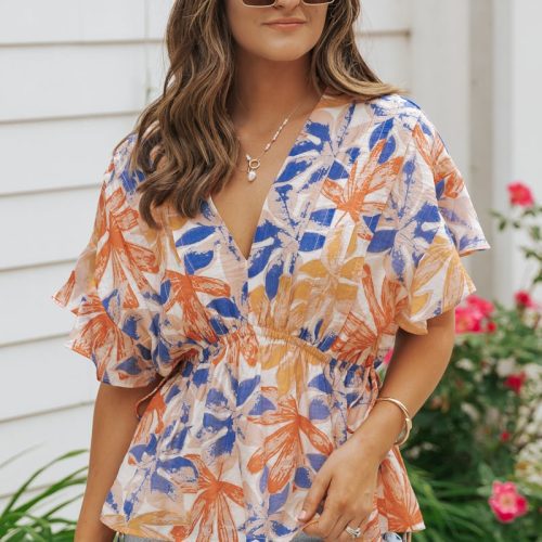 multi orange floral print smock top 604134