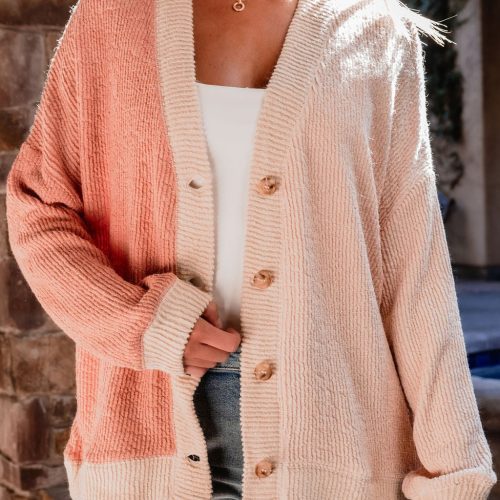 multi pink color block button down cardigan 497780