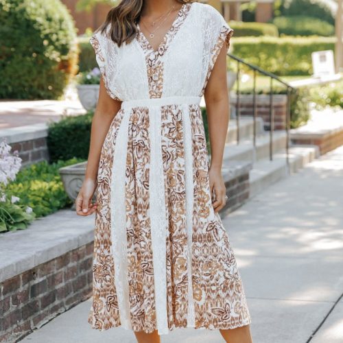 multi taupe print lace midi dress 167153