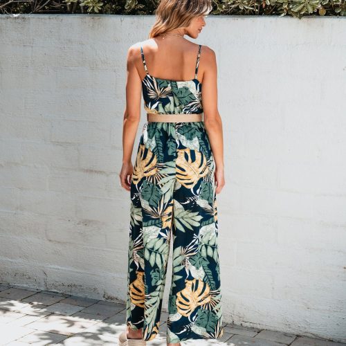 multi tropical print belted jumpsuit pre order 372070