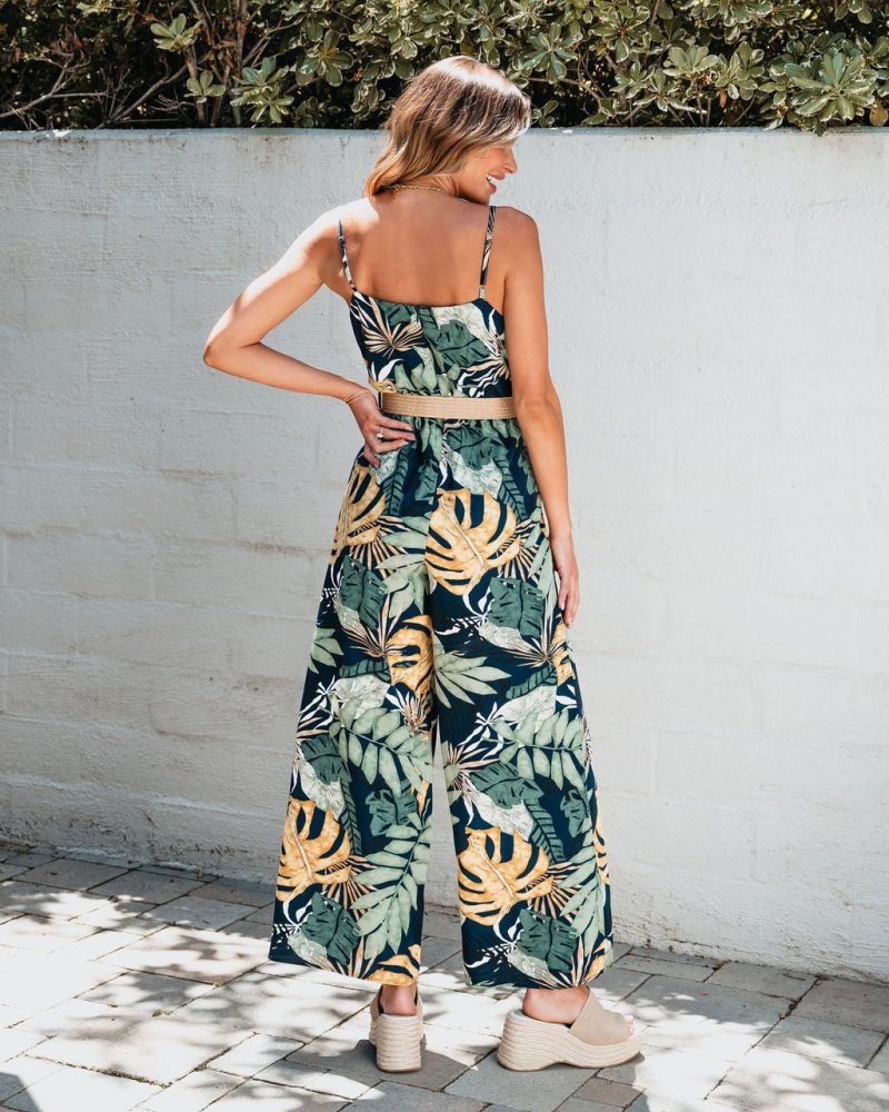 multi tropical print belted jumpsuit pre order 486065