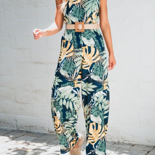 multi tropical print belted jumpsuit pre order 960770