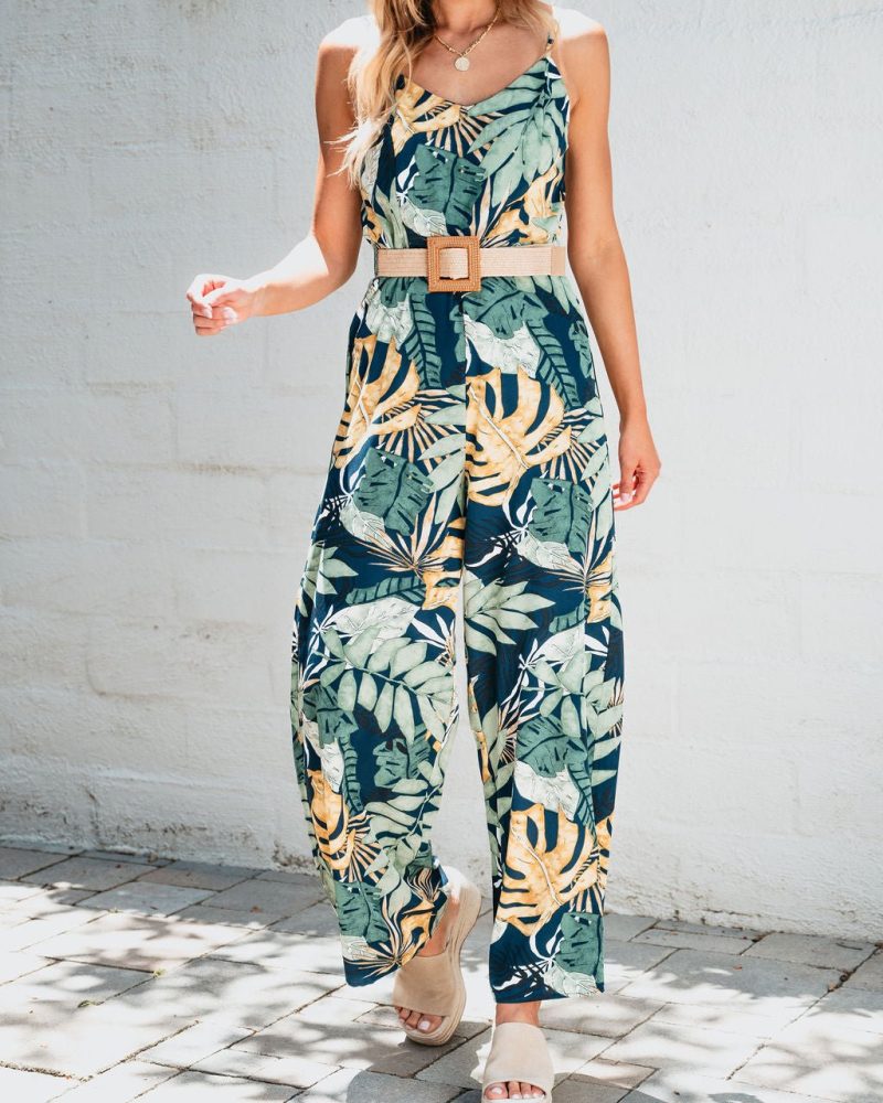 multi tropical print belted jumpsuit pre order 960770