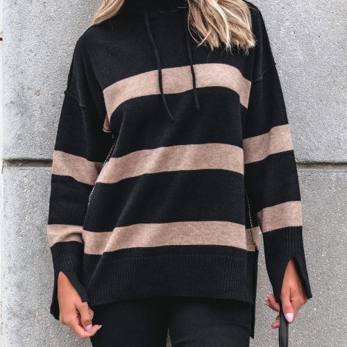 muse by magnolia black and taupe striped hooded sweater 234767