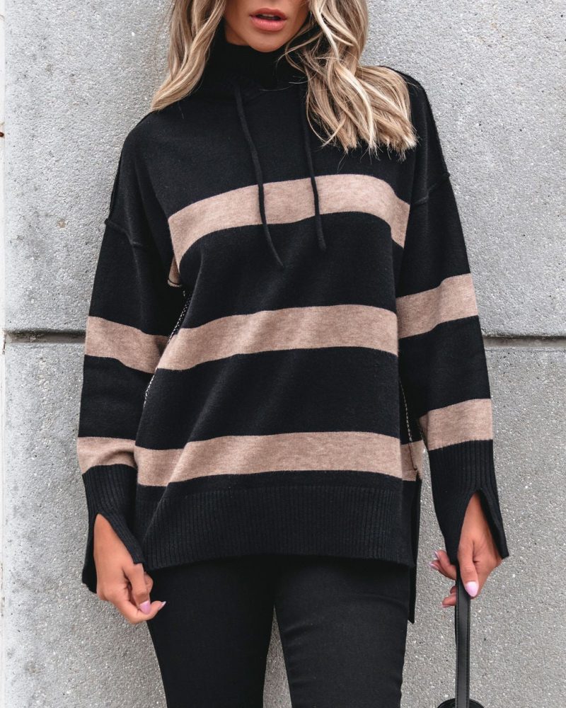 muse by magnolia black and taupe striped hooded sweater 234767