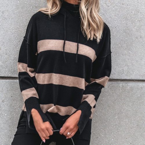 muse by magnolia black and taupe striped hooded sweater 468085