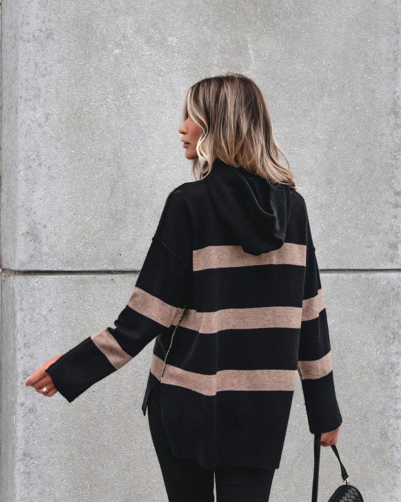 muse by magnolia black and taupe striped hooded sweater 818536