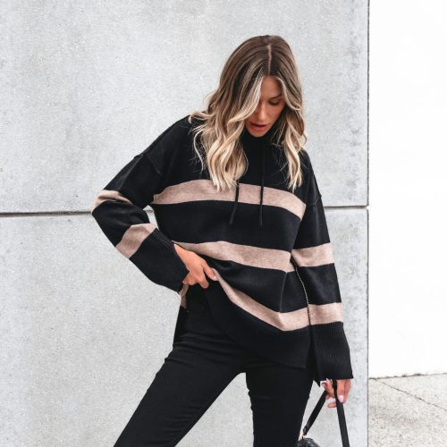 muse by magnolia black and taupe striped hooded sweater 928416