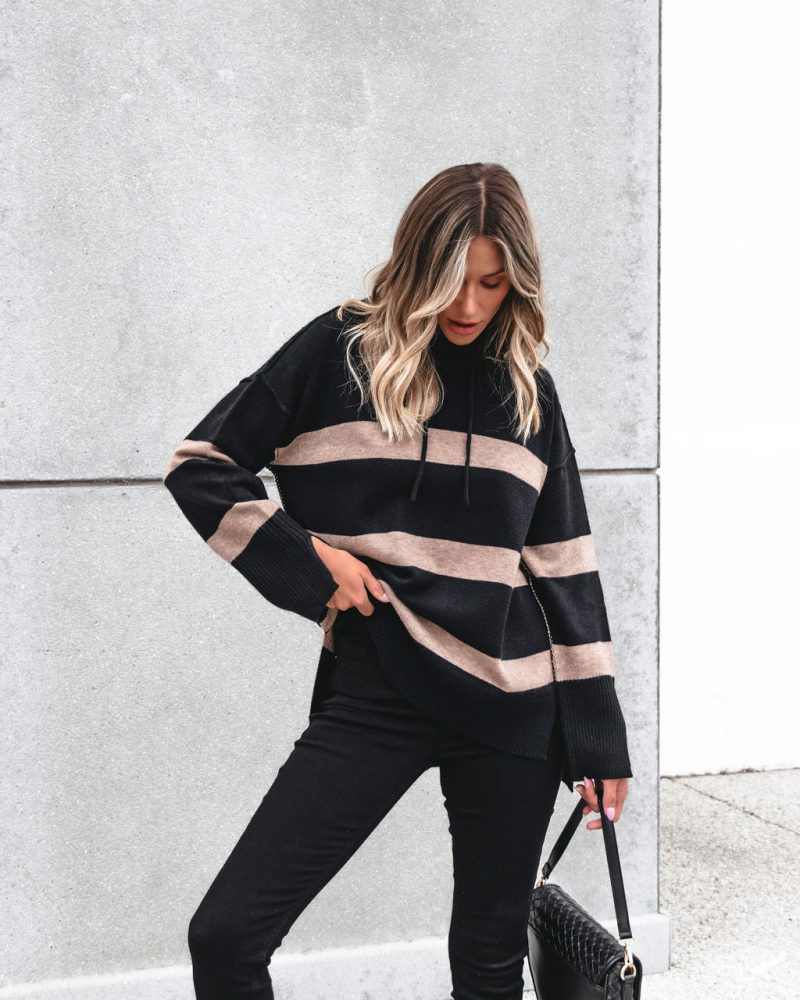 muse by magnolia black and taupe striped hooded sweater 928416