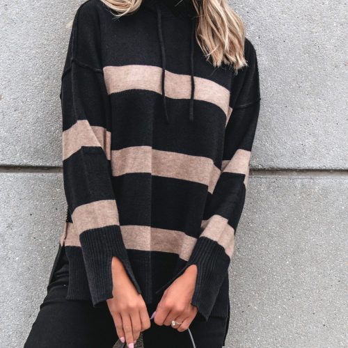 muse by magnolia black and taupe striped hooded sweater 938556