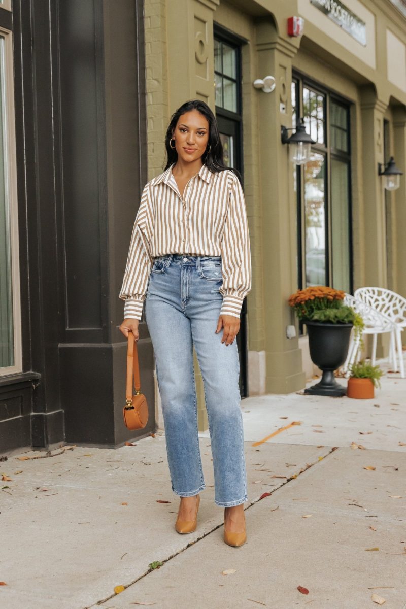 muse by magnolia camel striped button down shirt 809585