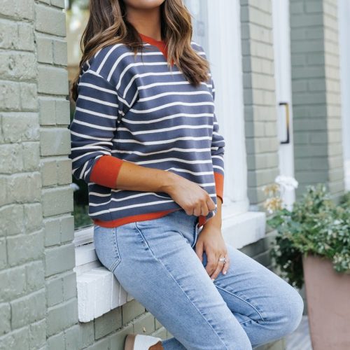 navy and white stripe contrast sweater 501475